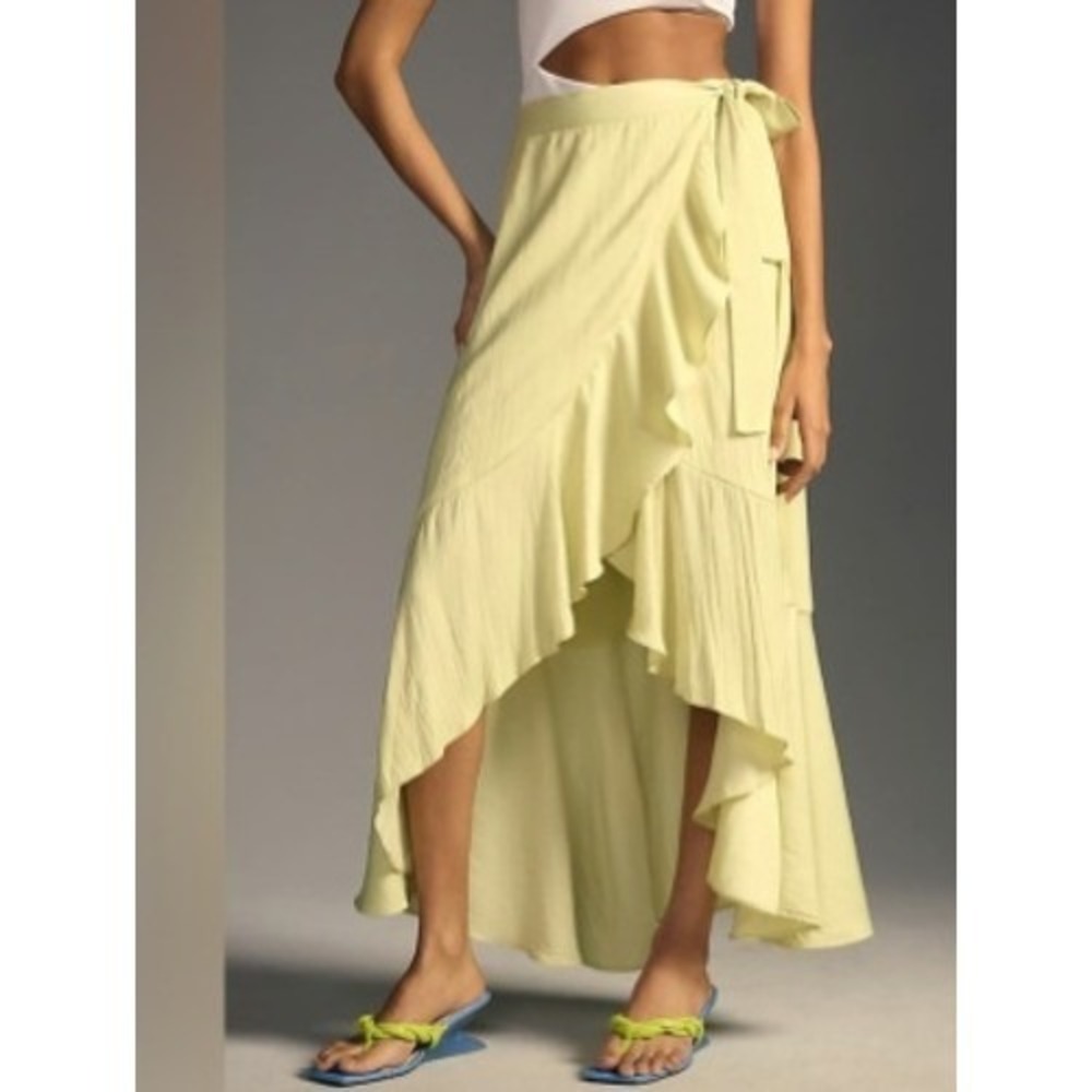 Maeve Anthropologie Skirt Green Pleated Ruffle Midi Wrap Tie‎ Waist Size XS